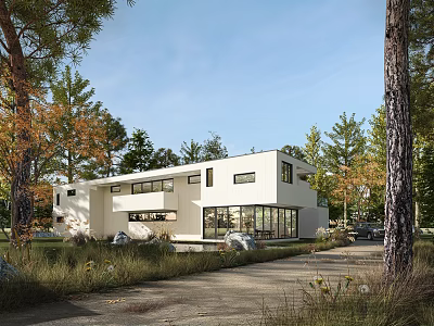 Modern Single Family House With White Exterior Large Windows And Tree Surrounded Lawn 3d model