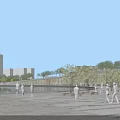 Modern Visitor Center With Open Plaza Greenery Water Feature And Visitors