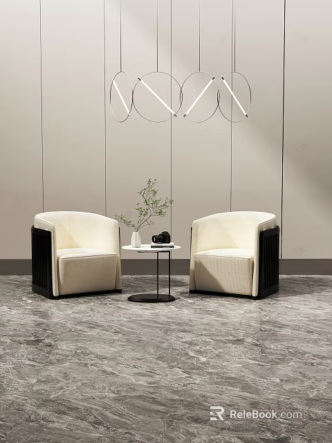 Stylish Cream Armchairs And Black Framed Side Table With Green Plant In Modern Interior 3d model 