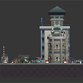 Cartoon Style Police Station Building with Tower Police Cars and Road Barriers