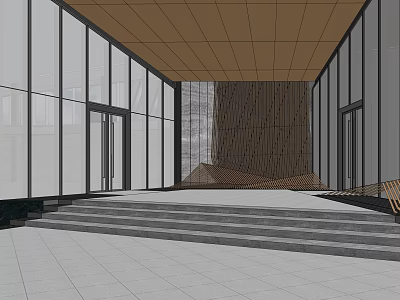 Contemporary Sales Office Building With Large Glass Walls Stepped Entrance And Wooden Decor 3d model