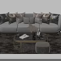 Modern Gray Sofa and Coffee Table Set With Marble Top Metal Frame Throw Pillows 3d model