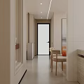Modern Kitchen and Dining Interior With White Cabinets Dining Table Chairs Plant And Window Blinds