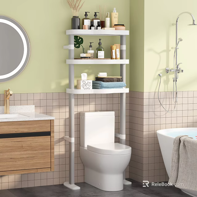 White Multi tier Bathroom Cabinet Rack Over Toilet With Toiletries Towels And Green Plant 3d model 