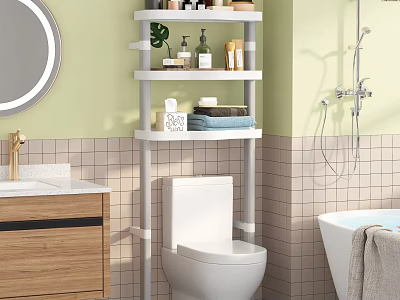 White Multi tier Bathroom Cabinet Rack Over Toilet With Toiletries Towels And Green Plant 3d model