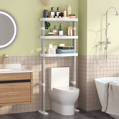 White Multi tier Bathroom Cabinet Rack Over Toilet With Toiletries Towels And Green Plant 3d model