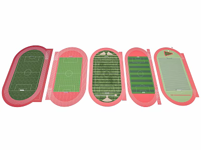 Multiple Football Fields With Different Green Turf Layouts And Red Borders Top View 3d model