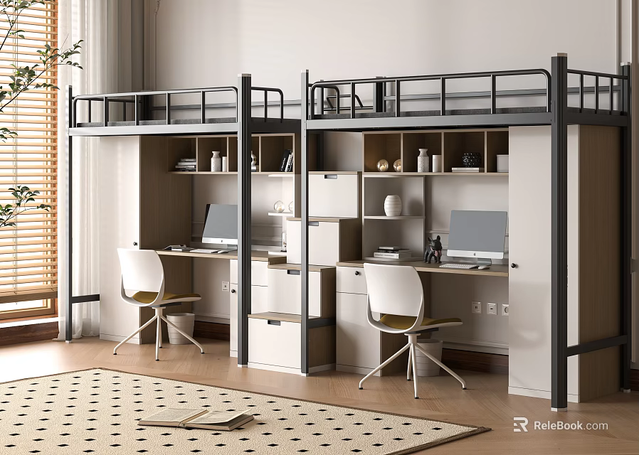 Modern Bunk Bed With Desk Storage And Chair For Bedroom Study Space 3d model 