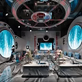 Sleek Futuristic KTV Interior With Blue Circular Screens Plush Sofas And Ambient Lighting