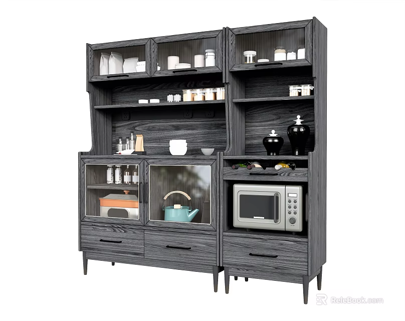 Dark Wood Modern Sideboard With Open Shelves Glass Door Cabinets Drawers And Microwave 3d model 