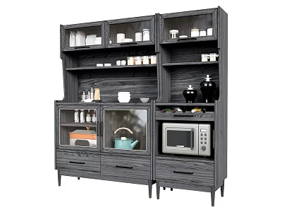 Dark Wood Modern Sideboard With Open Shelves Glass Door Cabinets Drawers And Microwave 3d model