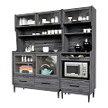 Dark Wood Modern Sideboard With Open Shelves Glass Door Cabinets Drawers And Microwave