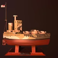 Warship Model with Green Red Camouflage Two Chimneys and Cannons on Wooden Base Named MILAN