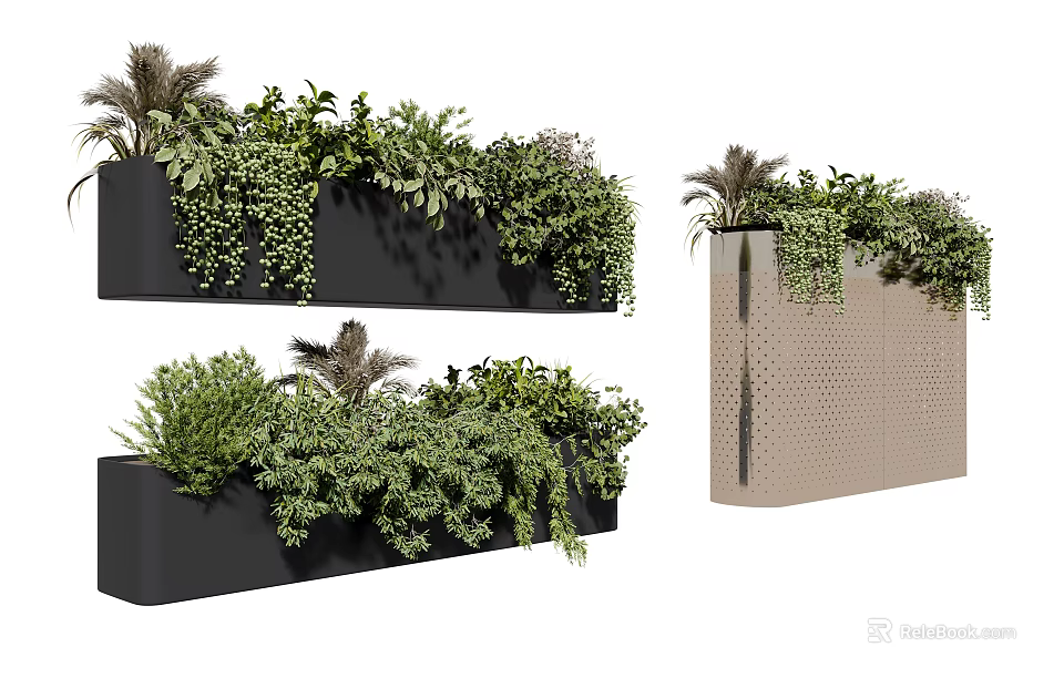Bonsai Potted Plants In Modern Rectangular Planters With Lush Greenery And Hanging Vines 3d model