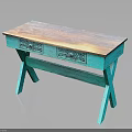 Teal Colored Wooden Top Table With Carved Drawers And Cross Legs Design