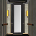 Modern Elevator Interior Design Featuring Wooden Paneling Wall Lamps And Metal Handrails