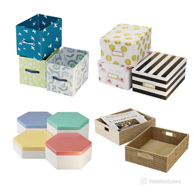 Decorative Storage Baskets with Patterned Striped Hexagonal Woven Designs and Colorful Lids 3d model 