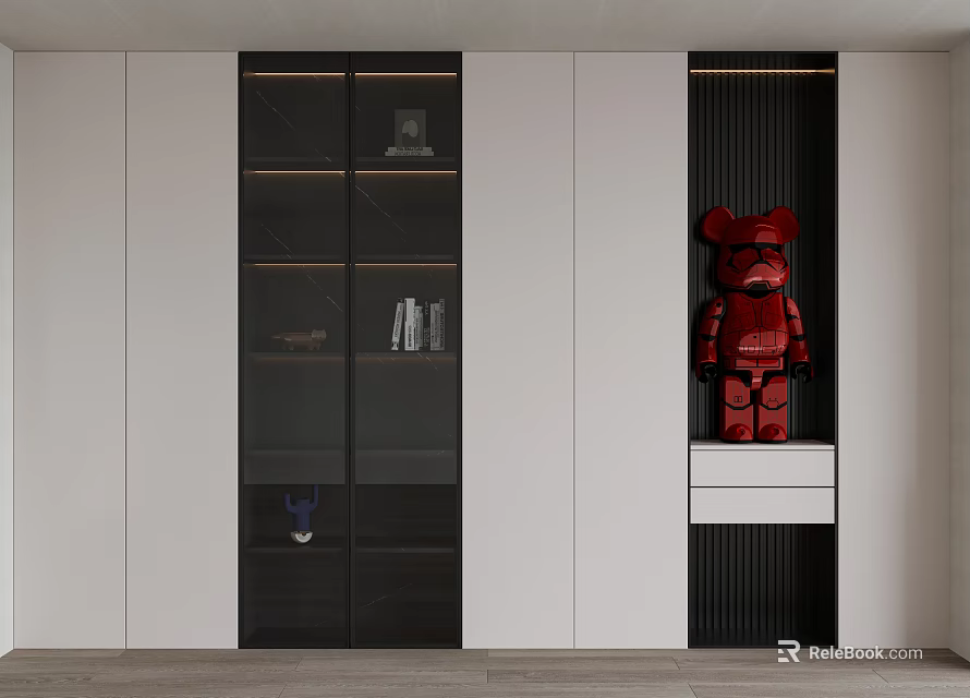 Modern Bookcase With Glass Doors And Black White Cabinets Featuring Red Figurine 3d model 