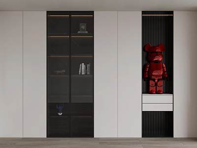 Modern Bookcase With Glass Doors And Black White Cabinets Featuring Red Figurine 3d model