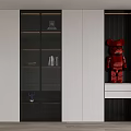 Modern Bookcase With Glass Doors And Black White Cabinets Featuring Red Figurine