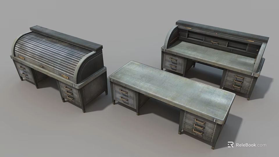 Industrial Metal Office Desks With Drawers And Vintage Design Set Of Three 3d model 