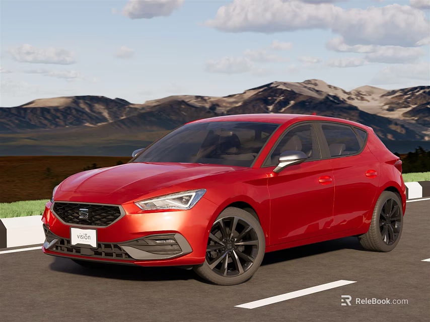 Red Sporty Compact Car Driving On Scenic Mountain Road With Clear Sky 3d model 