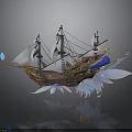 Sailing Ship Model With White Sails Golden Hull Blue Glowing Orb And Feather Decorations