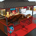 Traditional Chinese Tea Stall With Red Black Decor And Lanterns Design