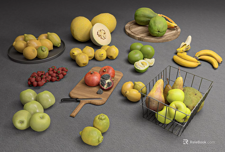 Assorted Fresh Fruits Display With Bananas Apples Lemons On Plates Wooden Board And Wire Basket 3d model 