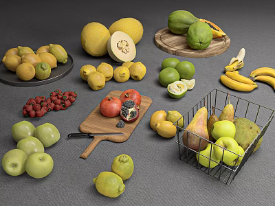 Assorted Fresh Fruits Display With Bananas Apples Lemons On Plates Wooden Board And Wire Basket 3d model