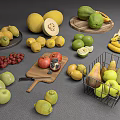 Assorted Fresh Fruits Display With Bananas Apples Lemons On Plates Wooden Board And Wire Basket