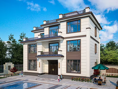 Modern Style Detached Villa Exterior With Large Glass Windows Swimming Pool And Greenery 3d model