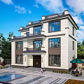 Modern Style Detached Villa Exterior With Large Glass Windows Swimming Pool And Greenery