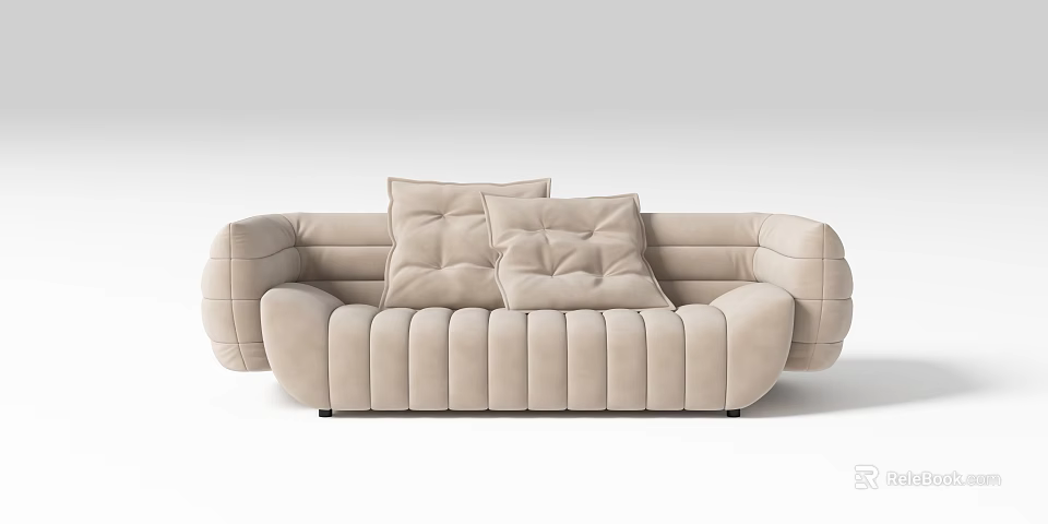 Modern Beige Two Seater Sofa With Soft Plush Fabric Curved Lines And Decorative Cushions 3d model 