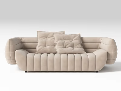 Modern Beige Two Seater Sofa With Soft Plush Fabric Curved Lines And Decorative Cushions 3d model