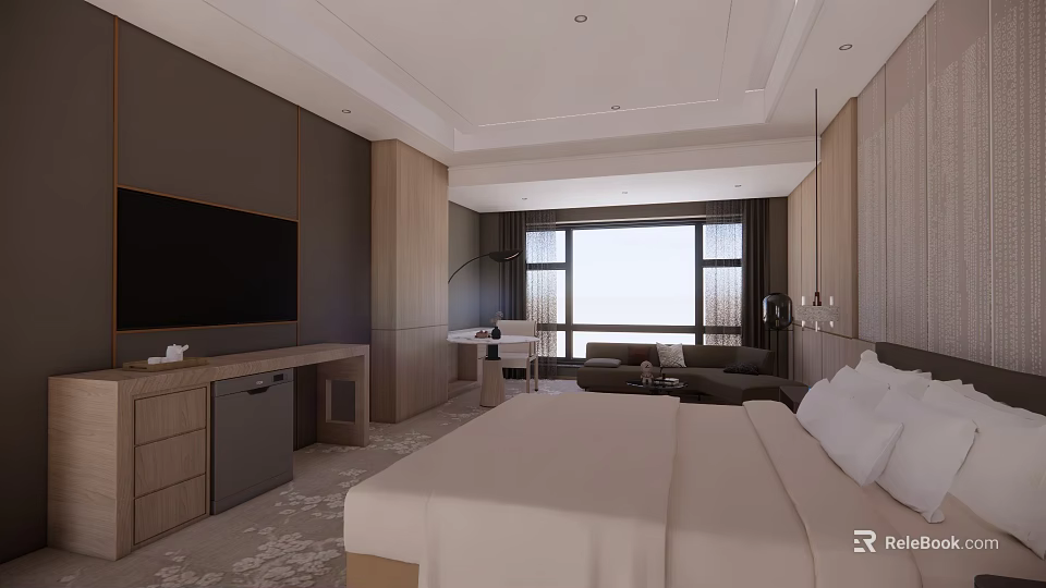 Modern Hotel Guest Room With King Bed Flat Screen TV And Sofa Seating 3d model 