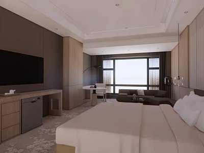 Modern Hotel Guest Room With King Bed Flat Screen TV And Sofa Seating 3d model