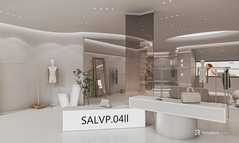Modern Stylish Clothing Store Interior With Mannequins Racks Mirrors And Display Tables 3d model 