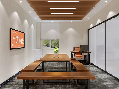 Modern Office Interior With Wooden Ceiling Long Wooden Table Benches TV Desk And Chair 3d model