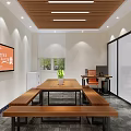 Modern Office Interior With Wooden Ceiling Long Wooden Table Benches TV Desk And Chair