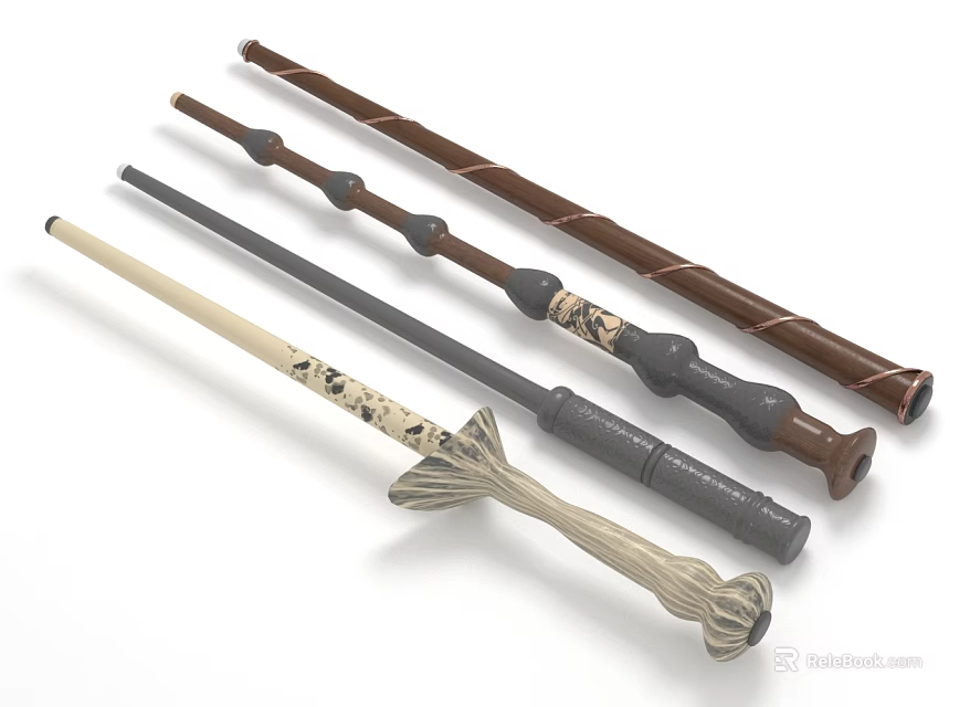 Various Magic Wands As Fantasy Weapons With Ornate Handles Wooden Shafts And Carved Patterns 3d model 