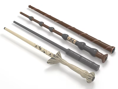 Various Magic Wands As Fantasy Weapons With Ornate Handles Wooden Shafts And Carved Patterns 3d model