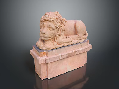 Detailed Reclining Stone Lion Statue on Ornate Pedestal with Sandstone Texture 3d model