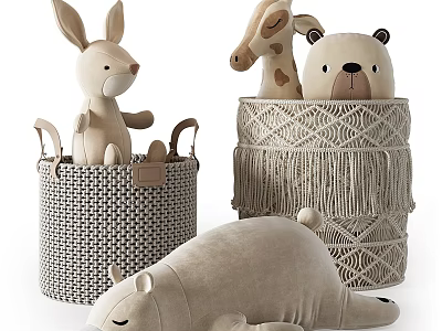 Soft Plush Bunny Giraffe Bear Toys in Woven Baskets with Tassels and Knitted Texture 3d model