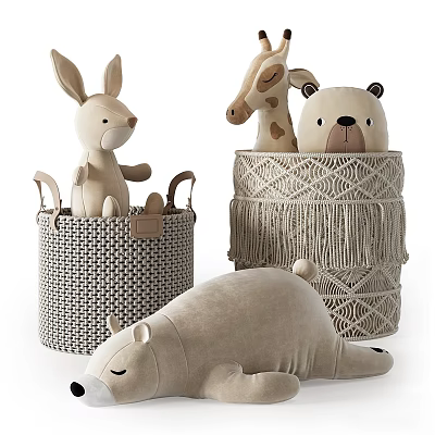 Soft Plush Bunny Giraffe Bear Toys in Woven Baskets with Tassels and Knitted Texture 3d model