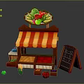 Colorful Fruit Stall With Red White Striped Awning Fresh Fruits Display And Blackboard Price Sign