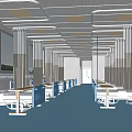 Spacious Bright Hospital Ward With Blue Beds White Ceiling And Curtains