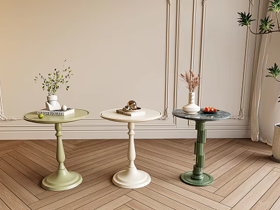 Stylish Side Tables with Decorative Vases and Trays on Wooden Floor 3d model