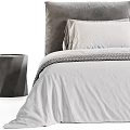 Modern Upholstered Double Bed With White Sheets Gray Blanket Plush Pillows And Nightstand
