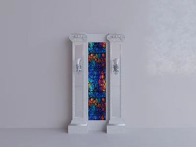 Restaurant Interior With Stained Glass Window White Columns And Decorative Candle Holders 3d model